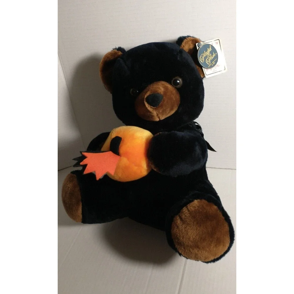 Vintage Chrisha Playful Plush Black bear with pumpkin 1988 With Tags - Picture 3 of 12